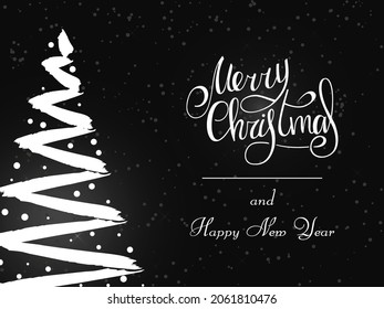 Handwritten white lettering on a gray background. Magic white Christmas tree made of brush strokes with snowflakes. Merry Christmas and Happy New Year 2022.