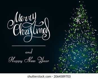 Handwritten white lettering with snowflake on a dark blue background. Magic green Christmas tree of snowflakes. Merry Christmas and Happy New Year 2022.