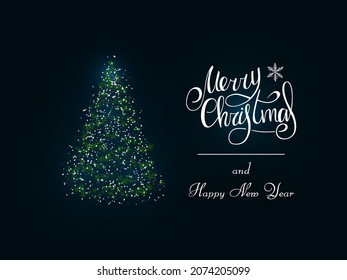Handwritten white lettering with snowflake on a dark blue background. Magic green Christmas tree of snowflakes. Merry Christmas and Happy New Year 2022.