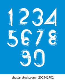 Handwritten white vector numbers isolated on blue background, painted modern numbers set.