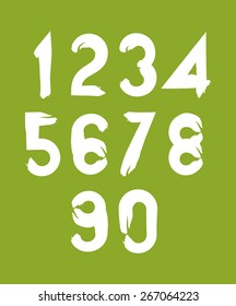 Handwritten white vector numbers on green backdrop, stylish numbers set drawn with ink brush.
