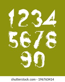 Handwritten white vector numbers, stylish numbers set drawn with ink brush on green background. 