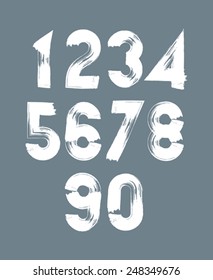 Handwritten white vector numbers, stylish numbers set drawn with ink brush.