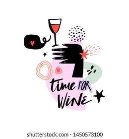 Handwritten wine alcohol and chill funny lettering quote. Vector illustration. svg