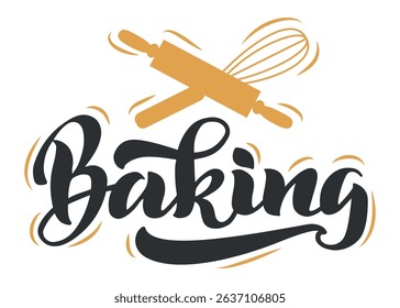 Handwritten word baking accompanied by a rolling pin and whisk crossed behind, forming a charming logo ideal for bakeries and culinary enthusiasts passionate about cooking