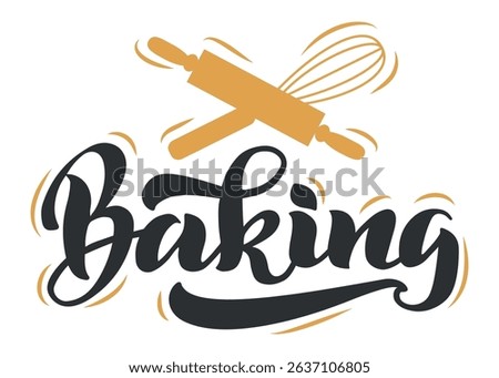 Handwritten word baking accompanied by a rolling pin and whisk crossed behind, forming a charming logo ideal for bakeries and culinary enthusiasts passionate about cooking