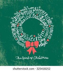 Handwritten Word Cloud Christmas Wreath Holiday Greeting Card 