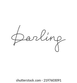 Handwritten word Darling isolated on white. One line continuous phrase vector. Modern calligraphy slogan, text design element for print, banner, wall art poster, card, brochure.