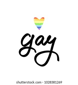 Handwritten word gay with rainbow heart. 