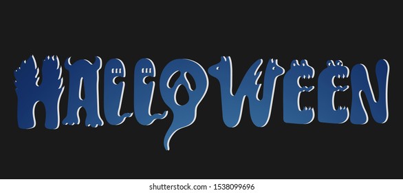 Handwritten word HALLOWEEN with creative gradient blue letters in form of scary creatures, beast, monsters with horns. Hand drawn ghosts, evil beings, creepy characters. Dark background