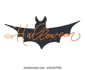 Handwritten word Halloween vector lettering with giante bat. Holiday calligraphy on textured background. Halloween text banner. Vector for banner, poster, greeting card, party invitation.