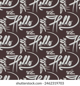 Handwritten word Hello seamless vector pattern background. Cursive welcome text backdrop. All over print with swirly writing. For cafe restaurant menu, hospitality business.