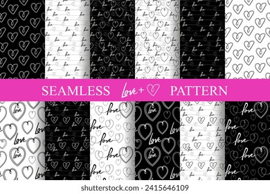 Palabra escrita a mano Amor y Corazones conjunto de patrones impecables en blanco y negro, original adorable romance dibujado, papel pintado para banner, papel de envoltura, tarjeta de saludo, afiche