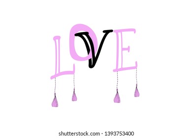 Handwritten word love with tassels, t shirt print design