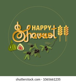 Handwritten word Shavuot. Cartoon wheat, olive and fig isolated on green background. 3d lettering. Vector greeting card. Stylish Shavuot celebration design.