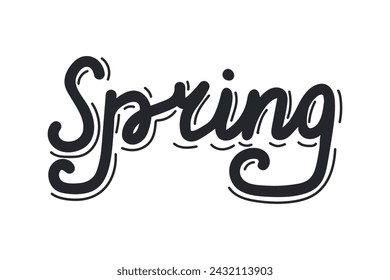 Handwritten word Spring isolated on white background. Hand-drawn lettering element for decorating posters and cards. Minimalistic doodle vector illustration.