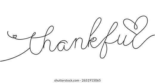 Handwritten word thankful with heart symbols on continuous line art gratitude love