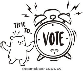 Handwritten word time to vote with cute bear. Vector illustration.