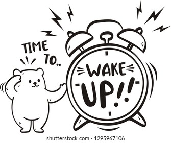 Handwritten word time to wake up with cute bear. Vector illustration.