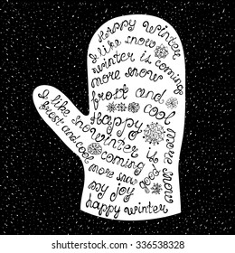 Hand-written words about winter, arranged in the form of mitten on a black background. Vector illustration