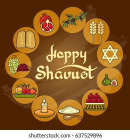 Handwritten words Happy Shavuot.  Cartoon  Wheat, pomegranate, olive and fig on brown background..  Vector greeting card.