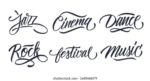 Handwritten words Jazz, Cinema, Dance, Rock, Festival,  Music. Hand drawn lettering set. Calligraphic elements for your design. Vector illustration.