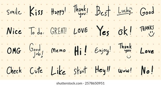 Handwritten words like 'Love', 'Happy', 'Thank you', 'Good', 'Yes', 'Hi', 'Enjoy', 'Nice', 'OMG', 'Best', 'Cute', 'Kiss', 'Wow', 'No', 'Start'. Doodle and hand drawn words, vector set.