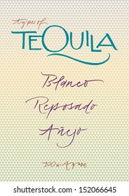 Hand-written words listing different types of tequila. EPS Vector file. Background elements in separate layers.
