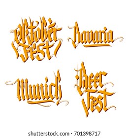 Handwritten words Oktoberfest, Bavaria, Munich, Beer Fest. German Beer Festival hand drawn set. Calligraphic elements for your design. Vector illustration.