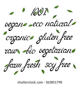 Handwritten words organic, eco, natural, vegan, gluten free, raw, bio, vegetarian, farm fresh, soy free, 100% embellished with green leaves. Great for product packaging, wrapping paper or menus.