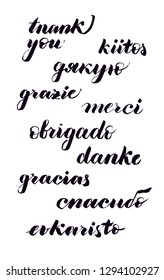 Handwritten words "thank you" in English, Finnish, Ukrainian, Italian, French, German, Spanish, Russian and Greek