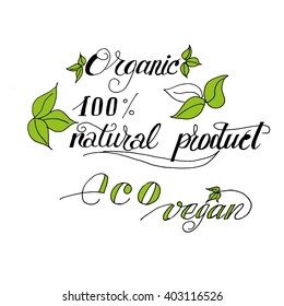 Handwritten words - vegan,  organic,  natural product, eco. Modern brush calligraphy. . Hand drawn calligraphy organic phrase.
