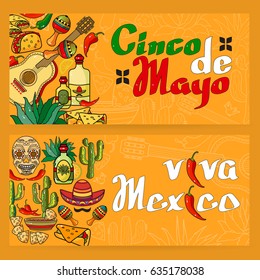 Handwritten words Viva Mexico, Cinco de Mayo. Cartoon  sombrero, guitar, pepper, cactus and skull on yellow background.  Vector greeting card. 