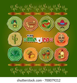 Handwritten words Viva Mexico. Set of cute various mexican icons, Cartoon  Sombrero, tequila, pepper, cactus and skull.  Vector greeting card