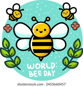 Handwritten World Bee Day calligraphy with cute cartoon bee. Easy to edit vector template for banner, poster, flyer, sticker, postcard, t-shirt, etc.