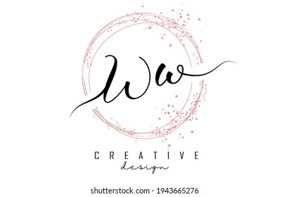 Handwritten Ww W W letter logo with sparkling circles with pink glitter. Decorative vector illustration with W and w letters.