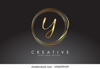 Handwritten Y Golden Letters Logo with a minimalist design. Y Icon with Circular Golden Circles. Creative Stamp Vector Illustration with letter Y. 