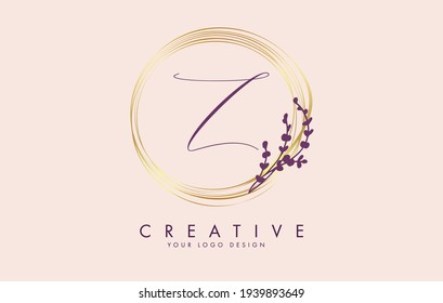 Handwritten Z Letter logo design with golden circles and white leaves on branches. Vector Illustration with Z letter for personal branding, corporate, business, eco friendly or natural products. 