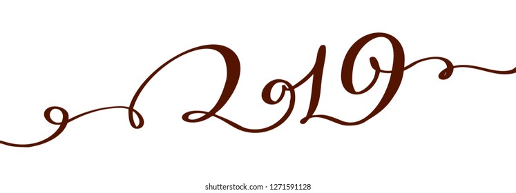 Handwritting flourish vector calligraphy text 2019. hand drawn New Year and Christmas lettering number 2019. Illustration for greeting card, invitation, holidays tag, Isolated on white background.