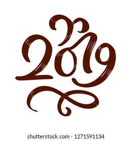 Handwritting flourish vector calligraphy text 2019. hand drawn New Year and Christmas lettering number 2019. Illustration for greeting card, invitation, holidays tag.