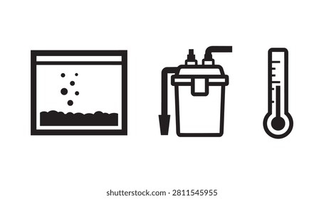 A handy aquarium and fishkeeping icon set in clean black and white outline style, featuring fish tanks, filters, thermometers, pumps, and aquatic care symbols. Ideal for pet shop branding, aquarium product packaging, fishkeeping blog illustration, marine hobby content, and aquatic lifestyle graphic design.