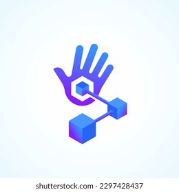 Handy Blockchain Technology Absrtract Vector Sign. Palm Hand with Conected Cubes or Nodes Chain Gradient Icon with Modern Typography. Isolated