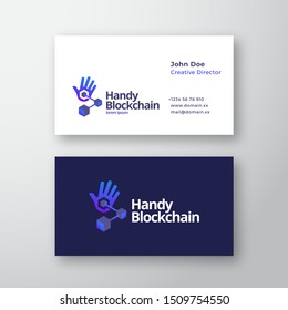 Handy Blockchain Technology Abstract Vector Logo and Business Card Template. Palm Hand with Conected Cubes Chain Gradient Icon with Modern Typography. Premium Stationary Realistic Mock Up. Isolated.