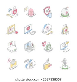 Handy bundle of isometric outline icons depicting cyber protection concepts