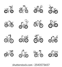 Handy Collection of 16 Bicycle Drawing Style Icons 

