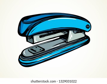 Handy cyan pin join device on light table desk space for text. Bright blue color pen drawn student job flat logotype emblem pictogram sketchy in art doodle cartoon style. Close up side macro view