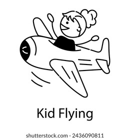 Handy doodle icon of kid flying in plane