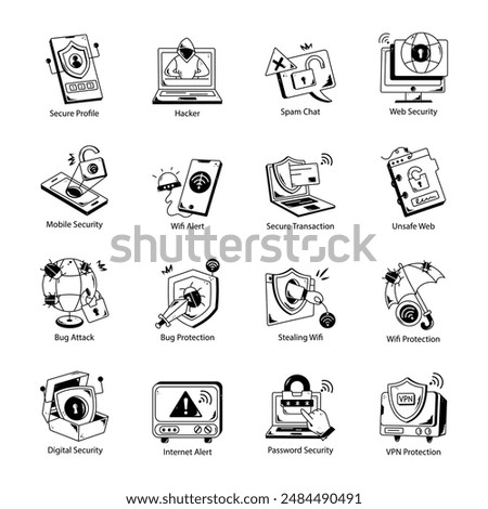 Handy Doodle Icons of Cyberattacks 

