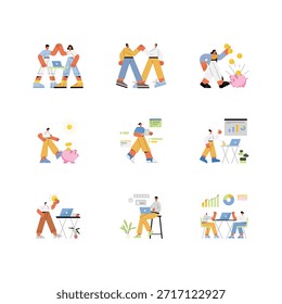 A handy flat style collection of illustrations showing joint venture 