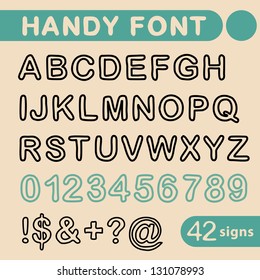 Handy font. 42 vector letters, numbers and signs